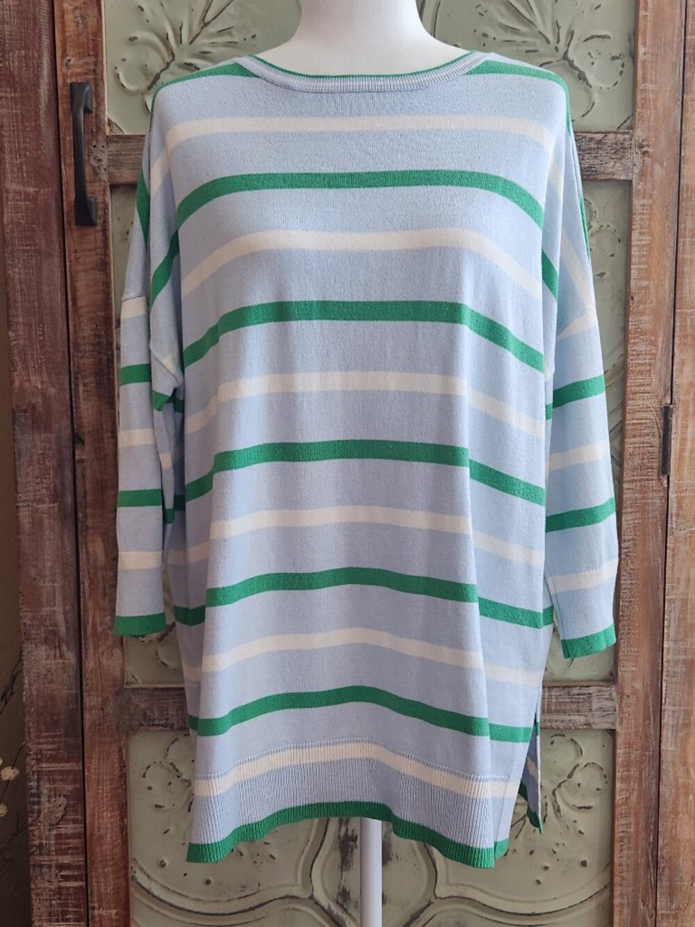 Ann Taylor Silk Blend Knit Striped Lightweight 3/4 Sleeve Tunic Sweater | Medium